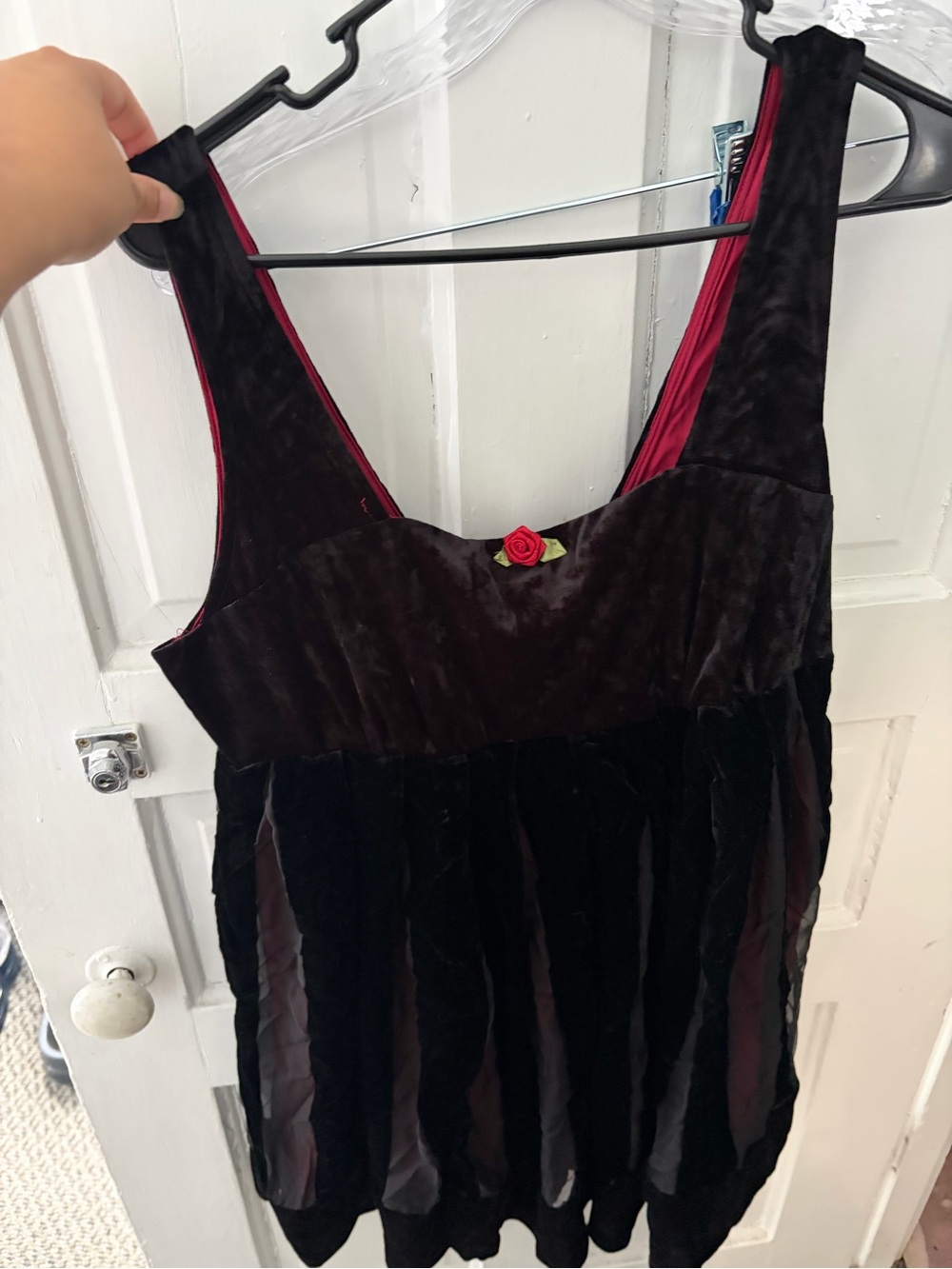 Womens Black Velvet Chemise with Red Trim and Rose Accent Hot Topic